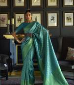 Teal Woven Banarasi Style Silk Blend Saree With Blouse For Women