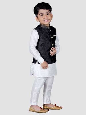 white silk blend printed  waistcoat Kurta Pyjama 1