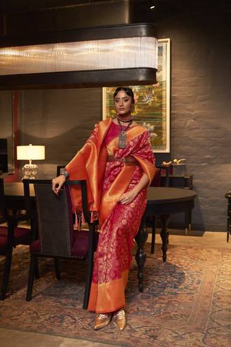 Red Woven Banarasi Style Silk Blend Saree With Blouse For Women