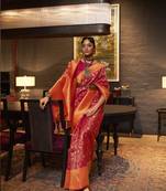 Red Woven Banarasi Style Silk Blend Saree With Blouse For Women