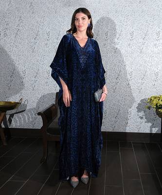 Blue Animal Print Embellished Silk Velvet Full Length Kaftan 1