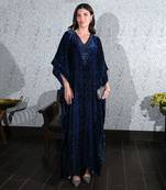 Blue Animal Print Embellished Silk Velvet Full Length Kaftan