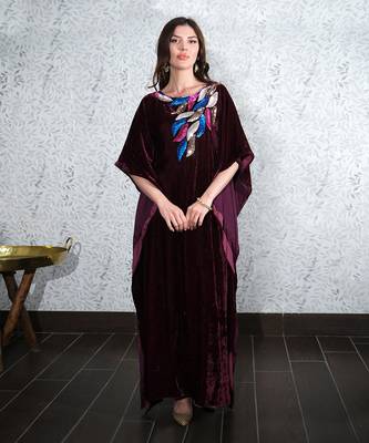 Wine Embroidered Silk Velvet Full Length Kaftan 1