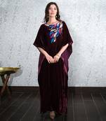 Wine Embroidered Silk Velvet Full Length Kaftan