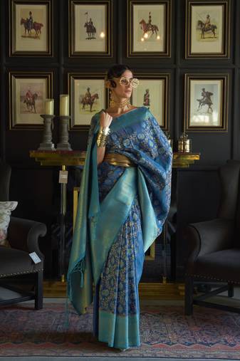 Blue Woven Banarasi Style Silk Blend Saree With Blouse For Women