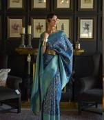 Blue Woven Banarasi Style Silk Blend Saree With Blouse For Women