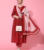 Gulmohar jaipur cotton  length printed semi flared 3/4 sleeve round neck kurta bottom dupatta set