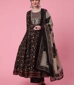 Gulmohar jaipur cotton  length printed flared 3/4 sleeve round neck kurta bottom dupatta set