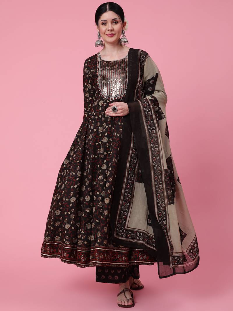 Gulmohar jaipur cotton  length printed flared 3/4 sleeve round neck kurta bottom dupatta set
