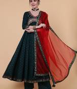 Gulmohar jaipur rayon calf length semi flared 3/4 sleeve printed v-neck kurta bottom dupatta set
