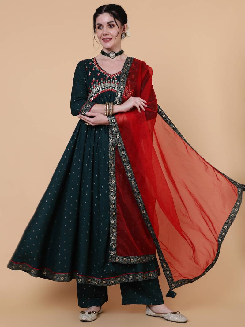 Gulmohar jaipur rayon calf length semi flared 3/4 sleeve printed v-neck kurta bottom dupatta set