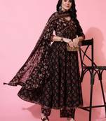 Gulmohar jaipur cotton calf length semi flared 3/4 sleeve printed v-neck kurta bottom dupatta set