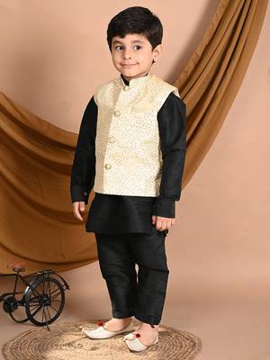 blue silk blend printed  waistcoat Kurta Pyjama 1