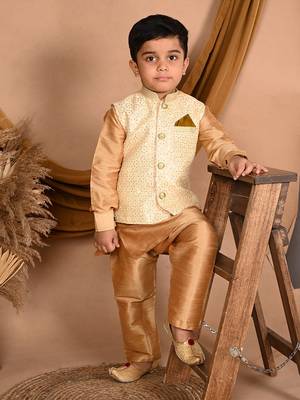gold silk blend printed  waistcoat Kurta Pyjama 1