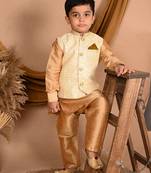 gold silk blend printed  waistcoat Kurta Pyjama
