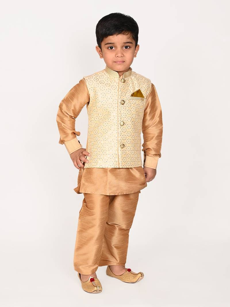 gold silk blend printed  waistcoat Kurta Pyjama