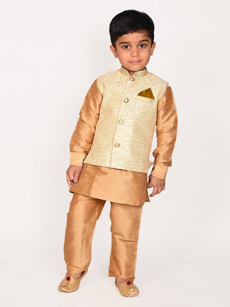 gold silk blend printed  waistcoat Kurta Pyjama