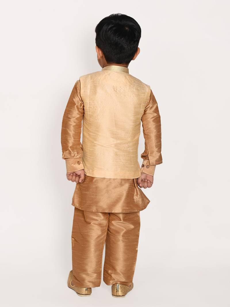 gold silk blend printed  waistcoat Kurta Pyjama