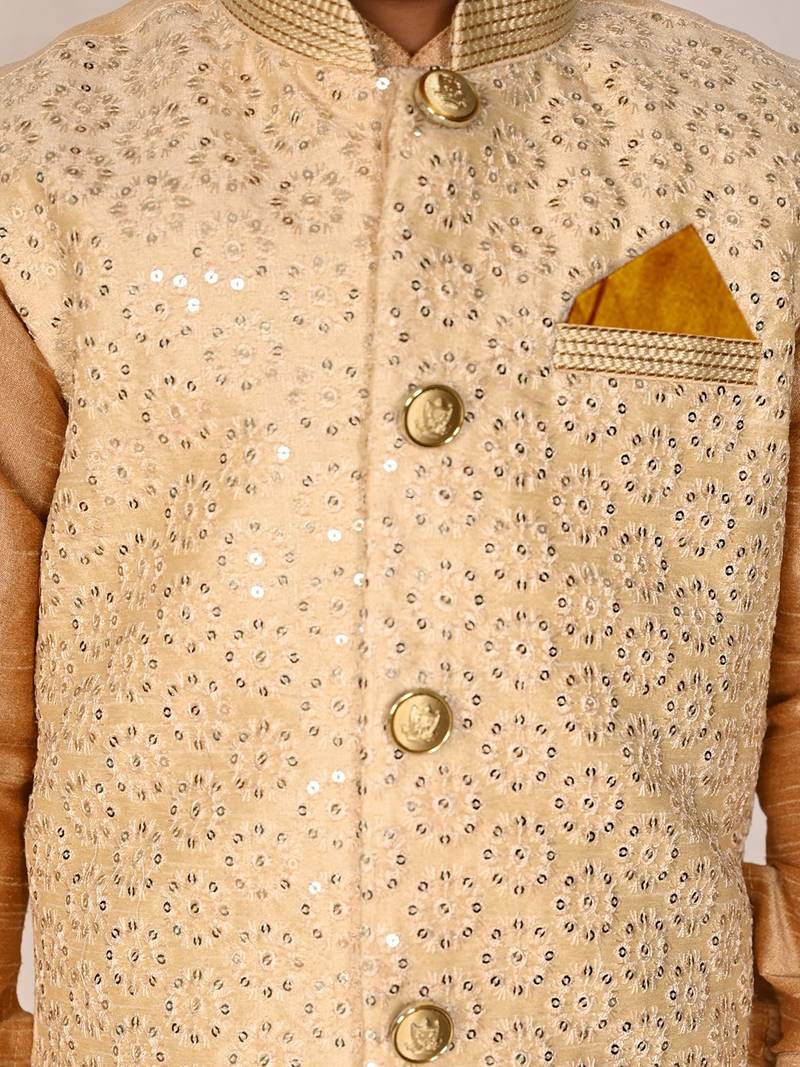 gold silk blend printed  waistcoat Kurta Pyjama