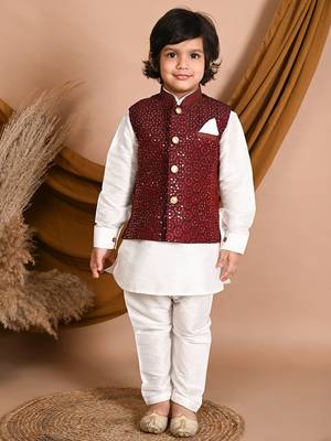 white silk blend printed  waistcoat Kurta Pyjama 1