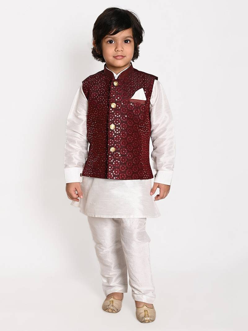 white silk blend printed  waistcoat Kurta Pyjama