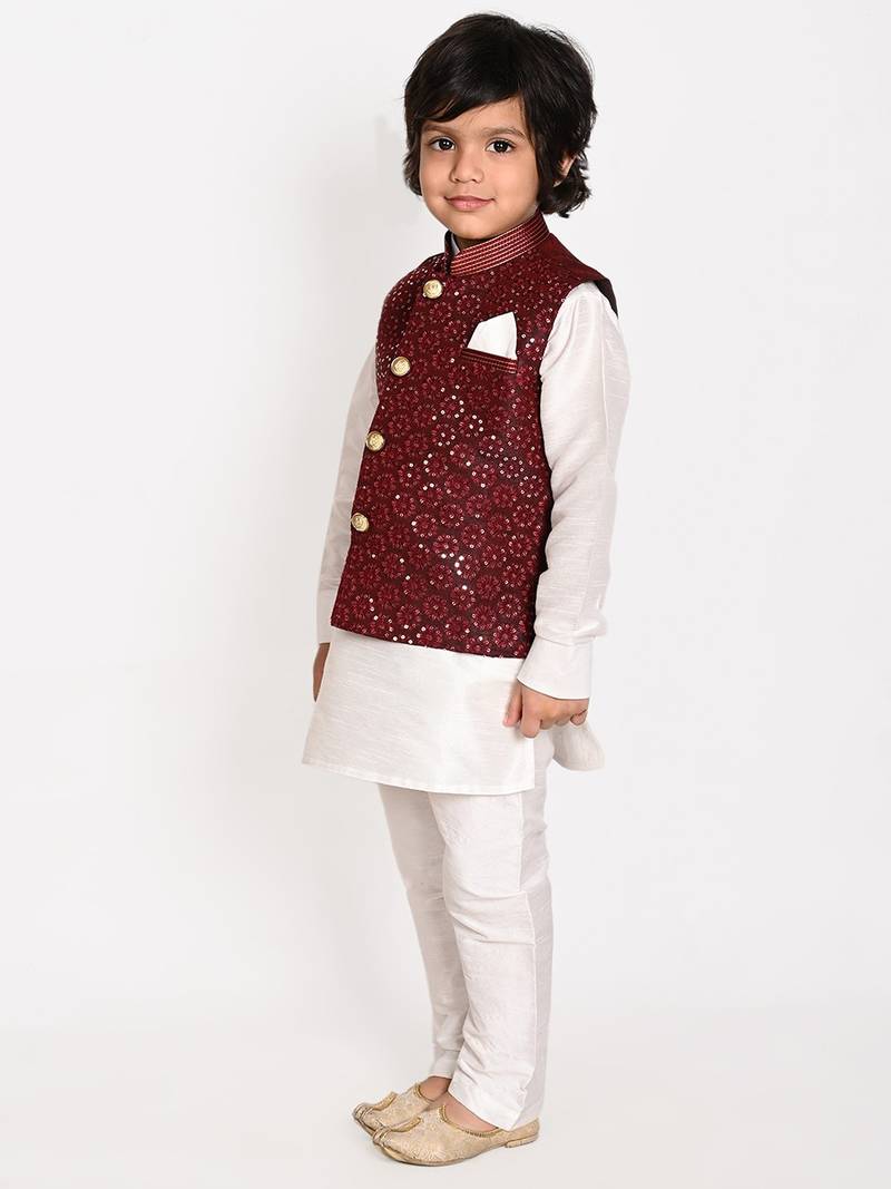 white silk blend printed  waistcoat Kurta Pyjama