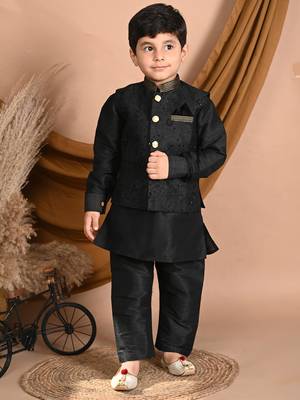blue silk blend printed  waistcoat Kurta Pyjama 1