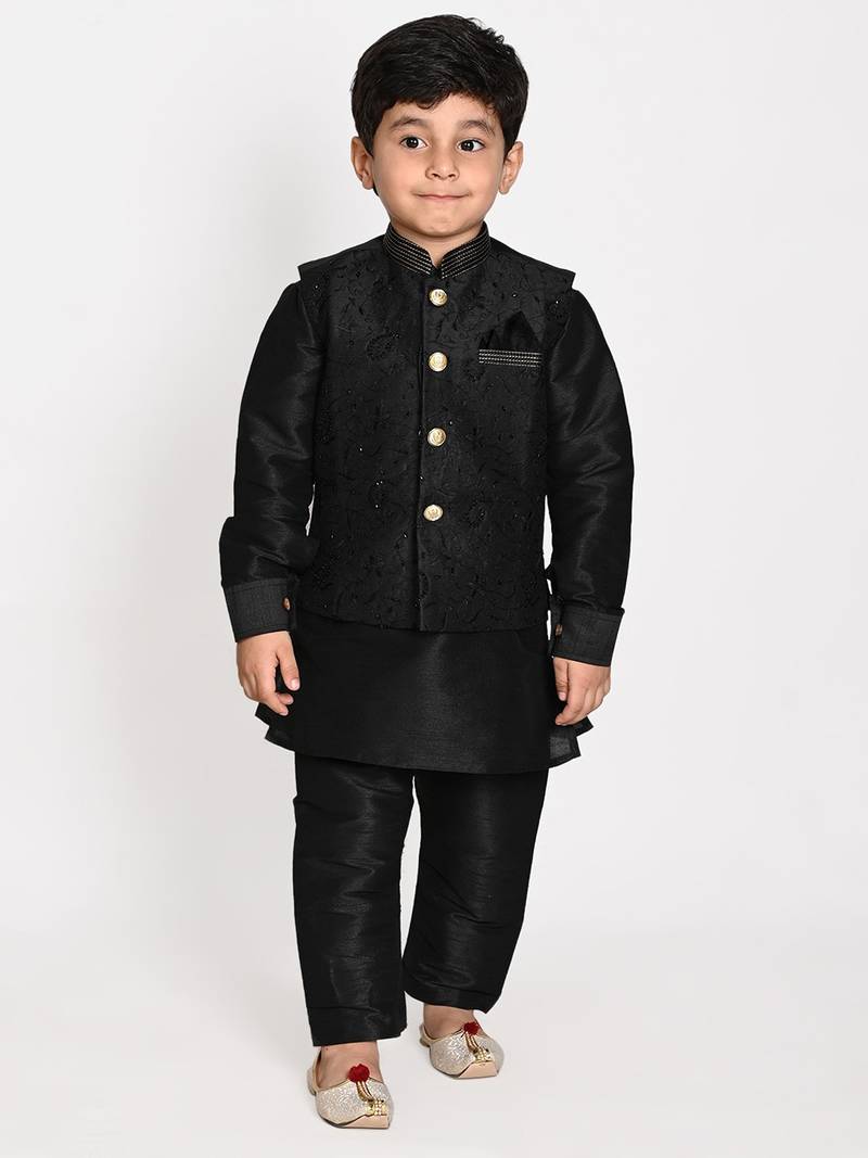 blue silk blend printed  waistcoat Kurta Pyjama