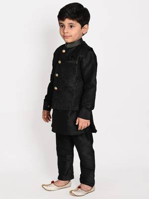 blue silk blend printed  waistcoat Kurta Pyjama 5