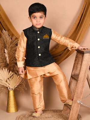 gold silk blend printed  waistcoat Kurta Pyjama 1