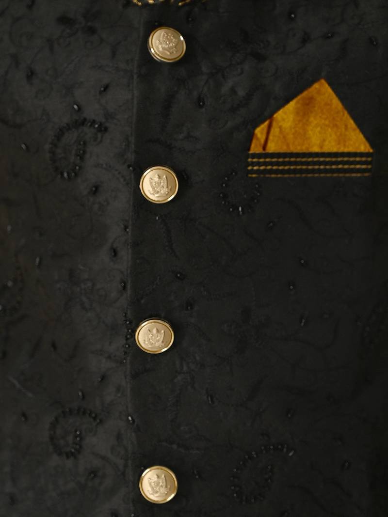 gold silk blend printed  waistcoat Kurta Pyjama