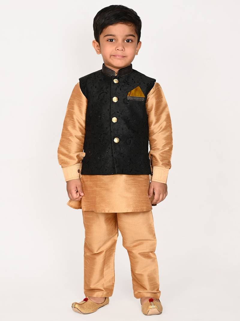 gold silk blend printed  waistcoat Kurta Pyjama
