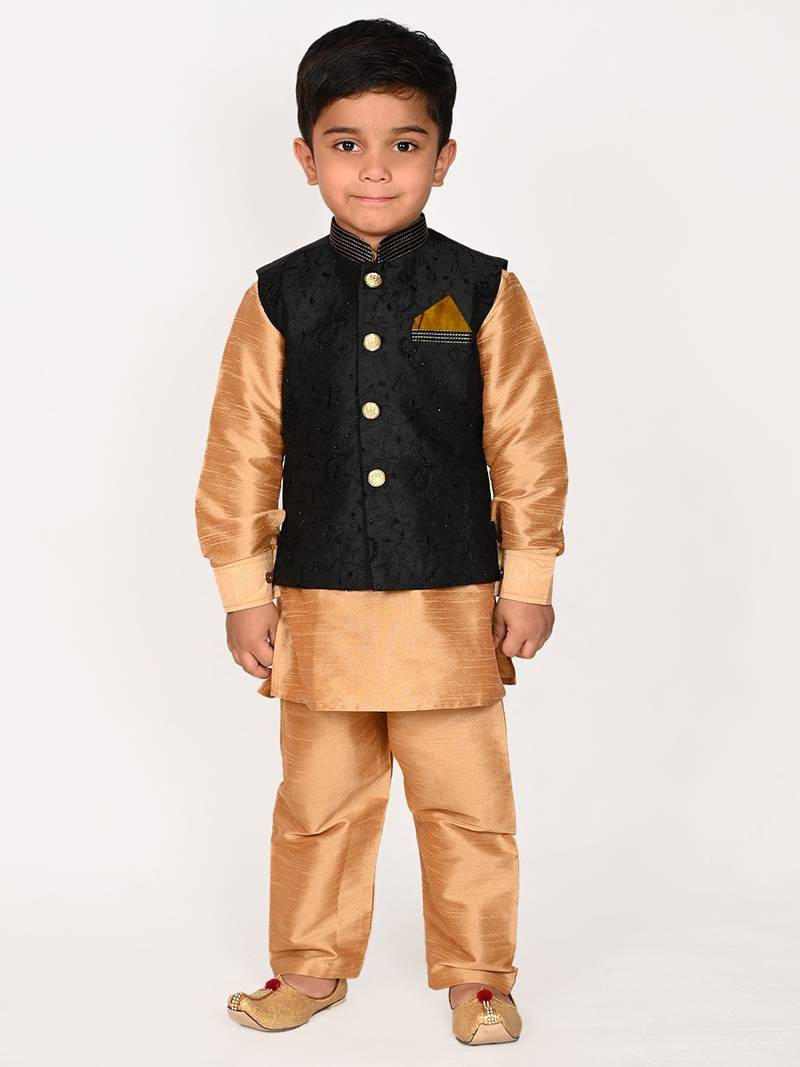gold silk blend printed  waistcoat Kurta Pyjama