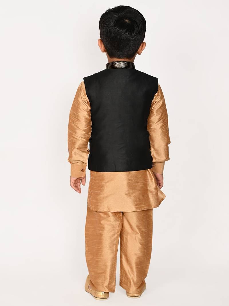gold silk blend printed  waistcoat Kurta Pyjama