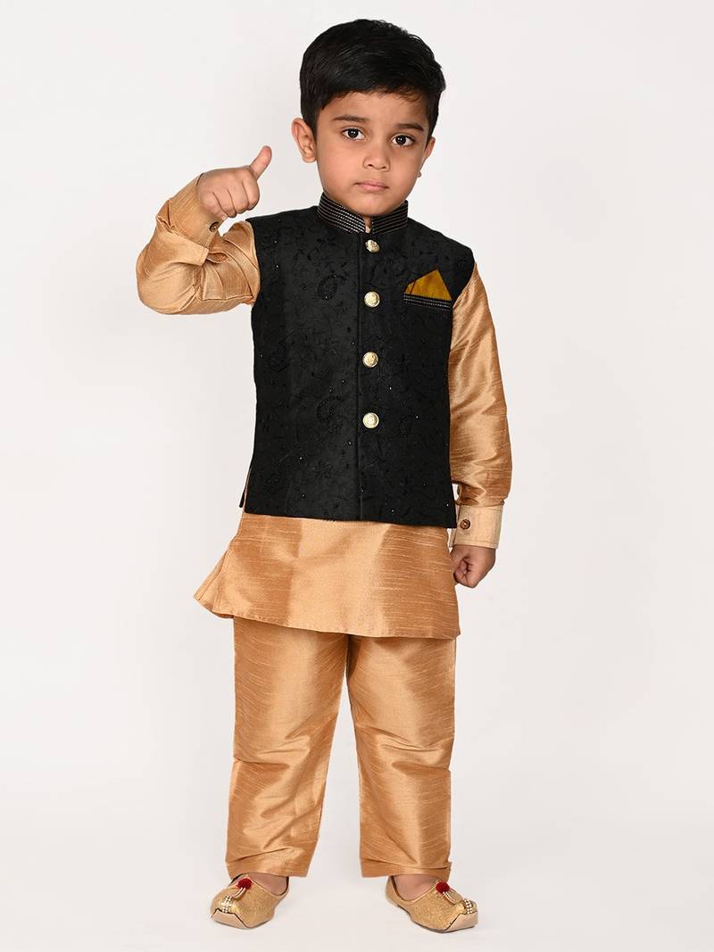 gold silk blend printed  waistcoat Kurta Pyjama