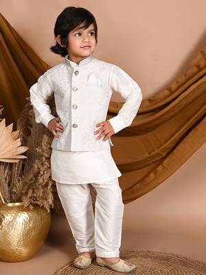 white silk blend printed  waistcoat Kurta Pyjama 1