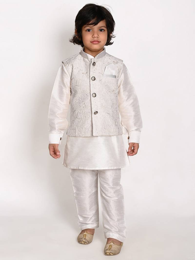 white silk blend printed  waistcoat Kurta Pyjama