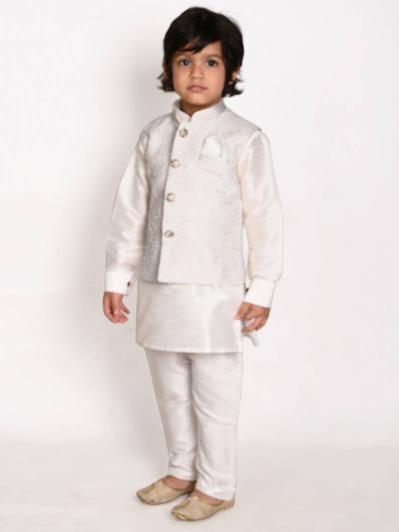 white silk blend printed  waistcoat Kurta Pyjama