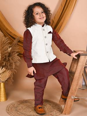 wine silk blend printed  waistcoat Kurta Pyjama 1