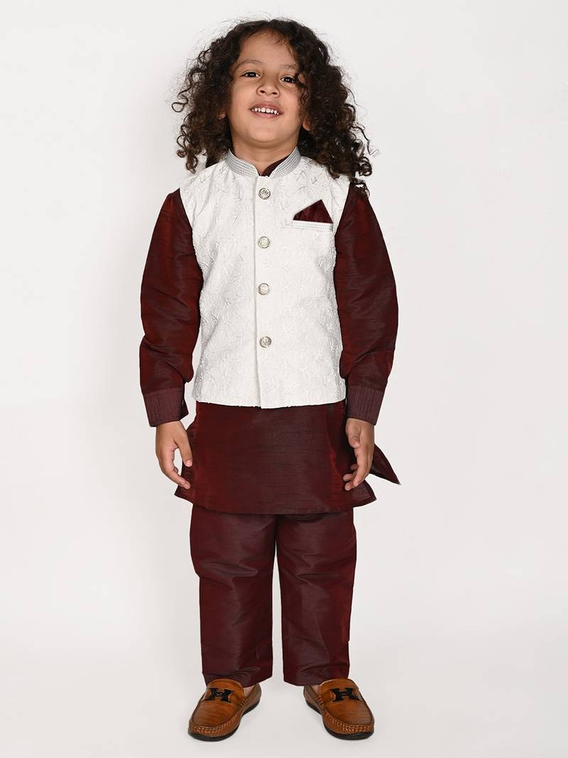 wine silk blend printed  waistcoat Kurta Pyjama