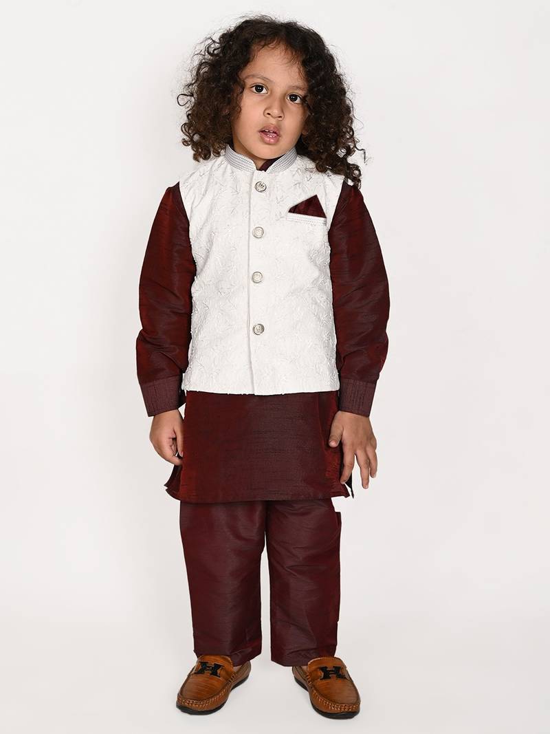 wine silk blend printed  waistcoat Kurta Pyjama