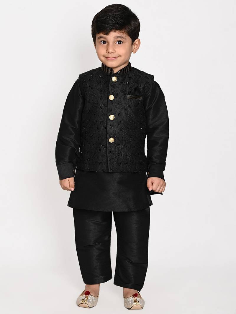 blue silk blend printed  waistcoat Kurta Pyjama