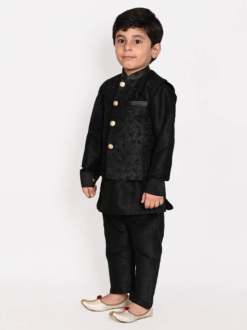 blue silk blend printed  waistcoat Kurta Pyjama