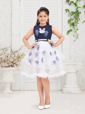 Aarika girls party wear navy blue colour self design net and denim frock 1
