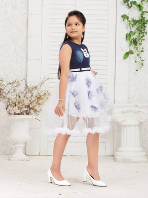 Aarika girls party wear navy blue colour self design net and denim frock 2