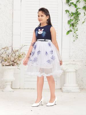 Aarika girls party wear navy blue colour self design net and denim frock 3