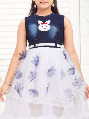 Aarika girls party wear navy blue colour self design net and denim frock 5