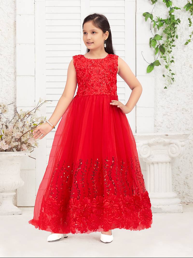 Aarika girls party wear red colour sequin net gown