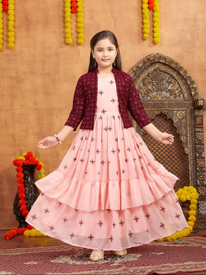 Georgette Pink Shrug Girls Pink Georgette Crop Top Sharara Suit