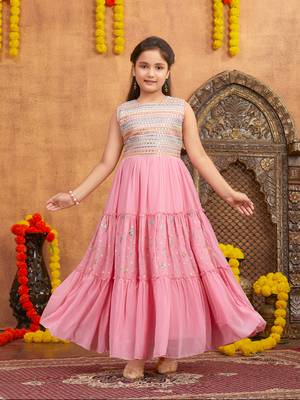 Aarika girls party wear pink colour mirror embroidery georgette gown with bracelet 1
